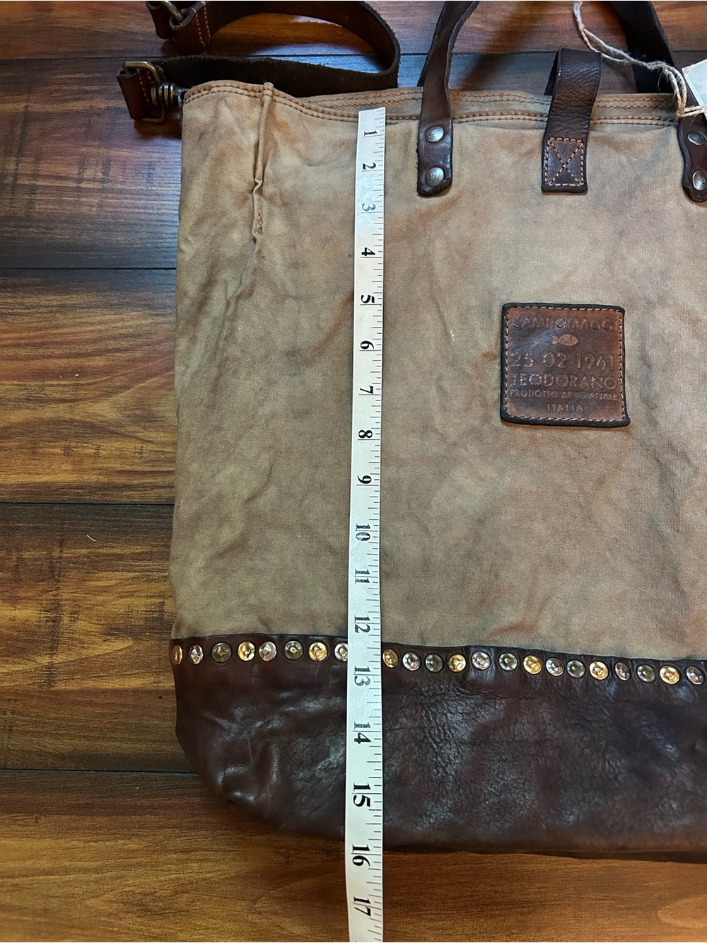 Campomaggi Canvas & Brown Leather Crossbody Tote Bag w/ Studs - Picture 8 of 9